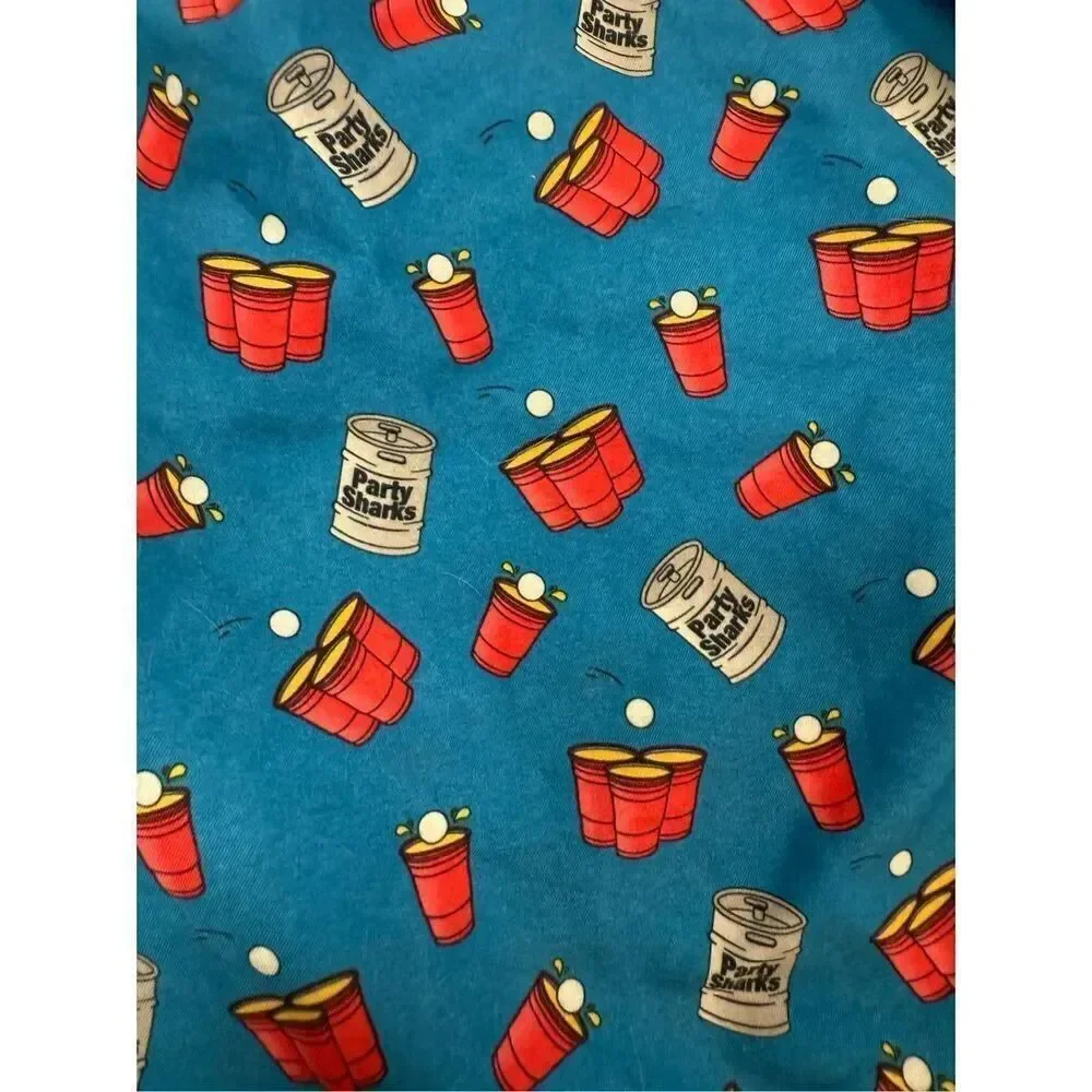 Party Sharks Blue w/ Red Solo Cups Swim Trunks sz S EUC